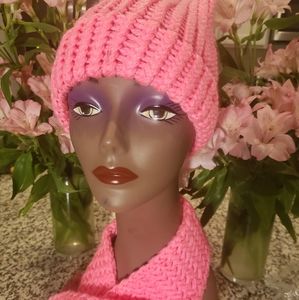 Pink handmade crochet hat & scarf combo w pompom
